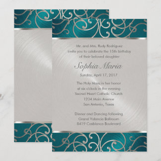 Quinceanera Teal Blue Silver Filigree Swirls Inbjudningar