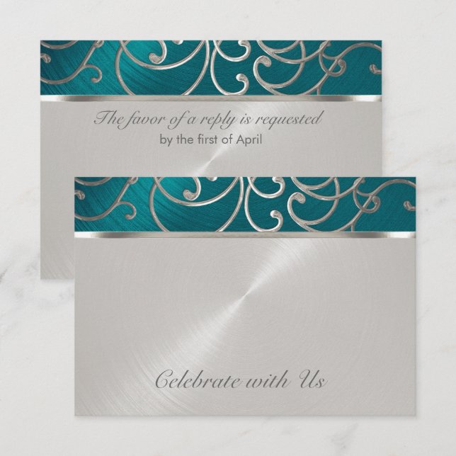 Quinceanera Teal Blue Silver Filigree Swirls OSA Kort (Fram/baksida)
