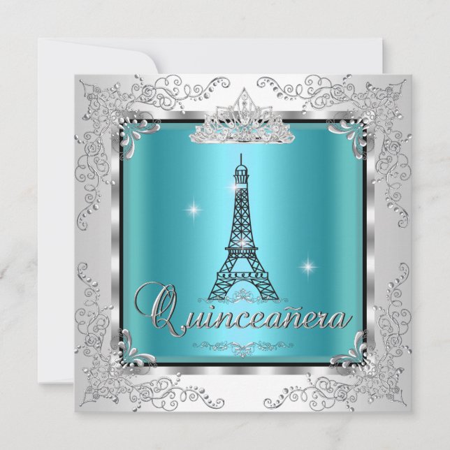 Quinceanera Teal Blue Silver Tiara Eiffel Torn 2 Inbjudningar (Framsida)