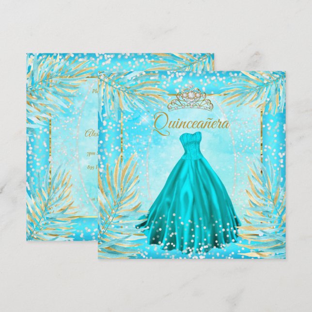 Quinceanera Teal Blue Tiara Dress Födelsedagsfest Inbjudningar (Fram/baksida)