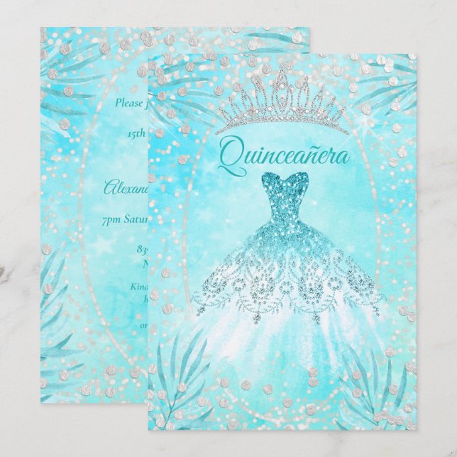Quinceanera Teal Blue Tiara Dress vinterfödelsedag Inbjudningar (Fram/baksida)
