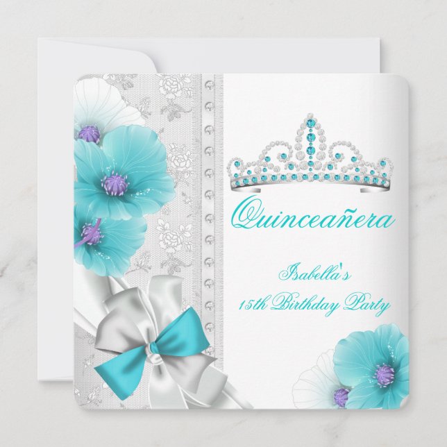 Quinceanera Teal Blue White Blommigt Diamond Tiara Inbjudningar (Framsida)