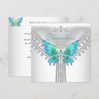 Quinceañera Teal Blue White Butterfly Diamond 2 Inbjudningar