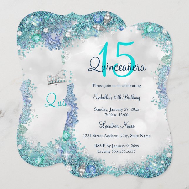 Quinceanera Teal Blue White Ocean Himlar Birthday Inbjudningar (Fram/baksida)