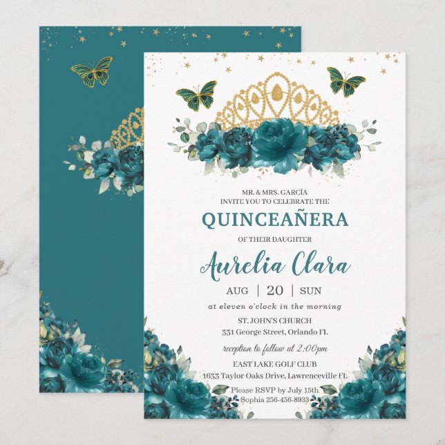 Quinceañera Teal Cyan Blommigt Butterflies Krona Inbjudningar (Fram/baksida)