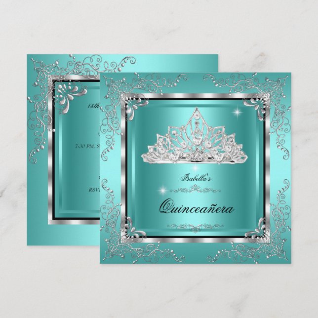 Quinceanera Teal Diamond Tiara 15:e födelsedagen Inbjudningar (Fram/baksida)