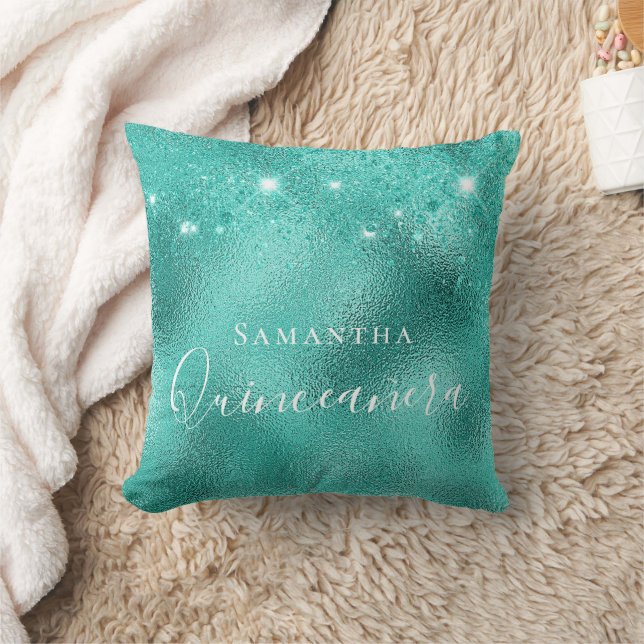 Quinceanera teal grönt glitter kudde (Filt)