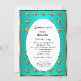 Quinceanera Teal Grönt Guld Bollar Födelsedagsfest Inbjudningar