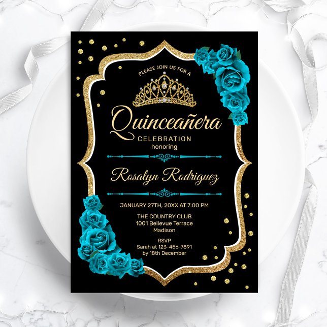 Quinceanera - Teal Guld Black Inbjudningar (Skapare uppladdad)