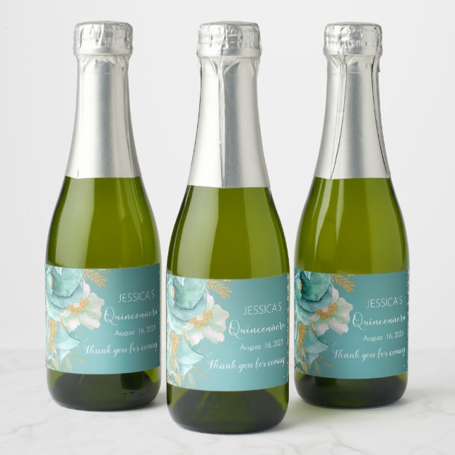 Quinceanera Teal Guld Blommigt Mini Sparkling Vin  (Flaskor)