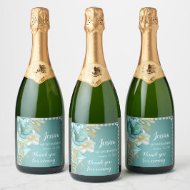 Quinceanera Teal Guld Blommigt Sparkling Vin etike