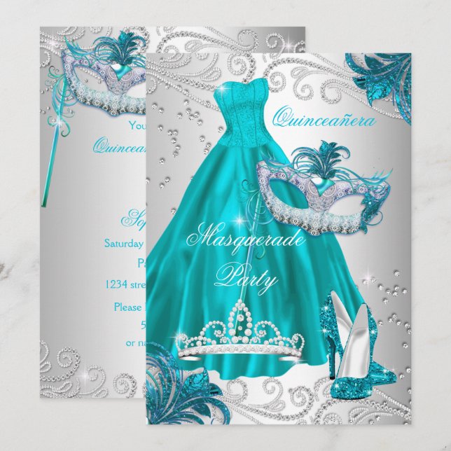 Quinceanera Teal Mask Silver Dress MasqueraBlue Inbjudningar (Fram/baksida)