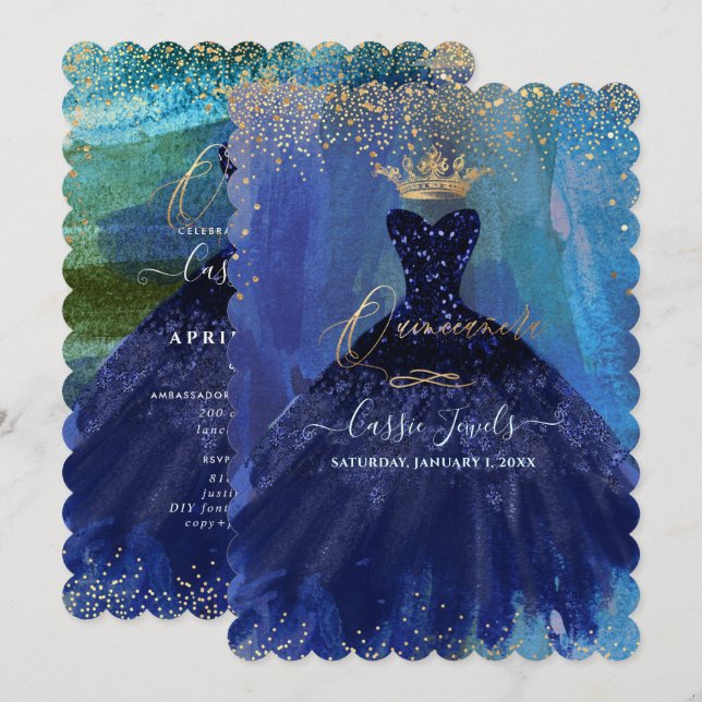 Quinceanera Teal Navy Blue Watercolor Gown Inbjudningar (Fram/baksida)