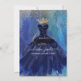 Quinceanera Teal Navy Blue Watercolor Gown Inbjudningar