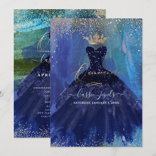 Quinceanera Teal Navy Blue Watercolor Gown Inbjudningar (Fram/baksida)