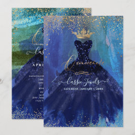 Quinceanera Teal Navy Blue Watercolor Gown Inbjudningar