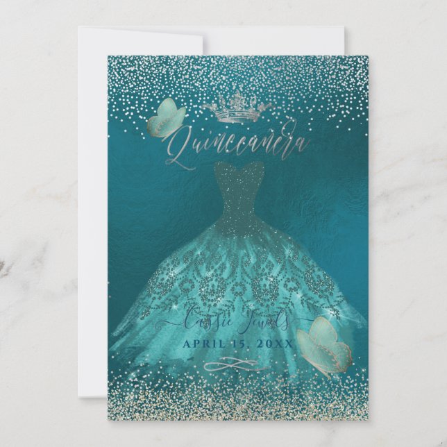Quinceanera Teal Ombre Butterflies Princess Gown Inbjudningar (Framsida)