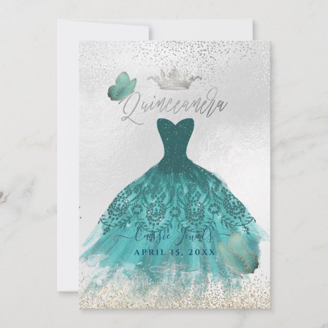 Quinceanera Teal Ombre Butterflies Princess Gown Inbjudningar (Framsida)