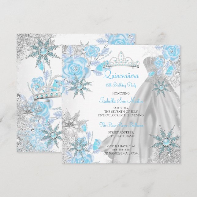 Quinceañera Teal Ros Vinterundret Snöflinga Inbjudningar (Fram/baksida)