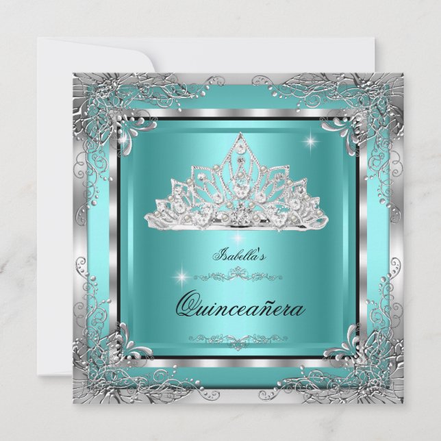 Quinceanera Teal Silver Diamond Tiara 15:e Party Inbjudningar (Framsida)