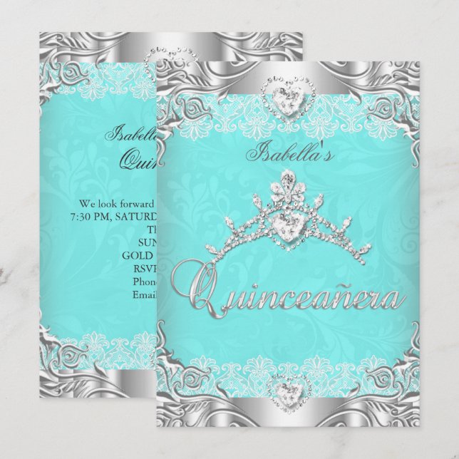 Quinceanera Teal Silver Diamond Tiara 15:e Party Inbjudningar (Fram/baksida)