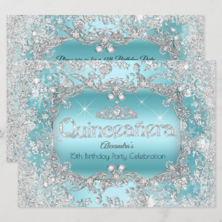Quinceanera Teal Silver Tiara Vinter Värld Inbjudningar