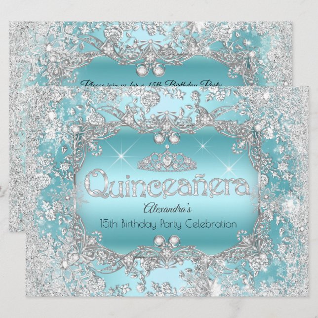 Quinceanera Teal Silver Tiara Vinter Värld Inbjudningar (Fram/baksida)
