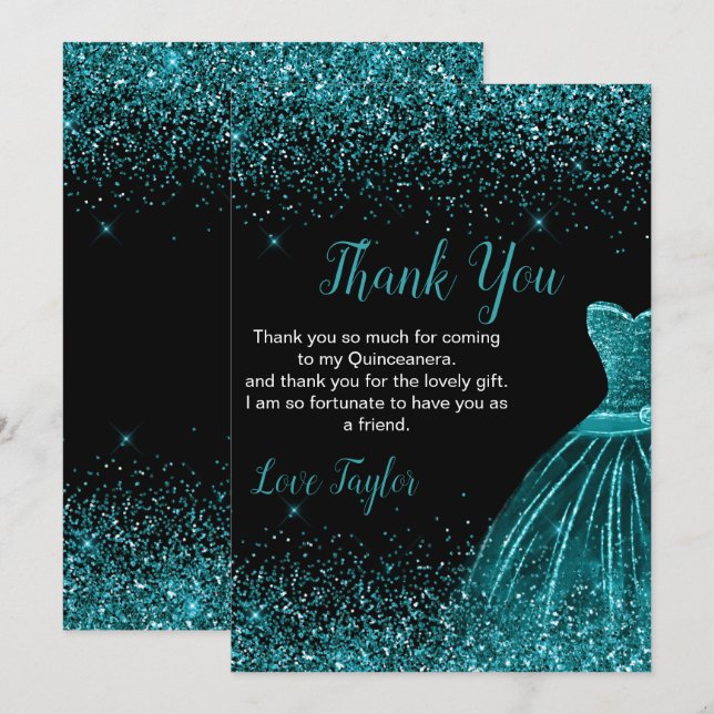 Quinceanera Tealblå Klänning Falskt Glitter Tack Kort (Fram/baksida)