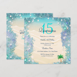 Quinceanera Tealblå Sand Oceanstrand Födelsedag Inbjudningar