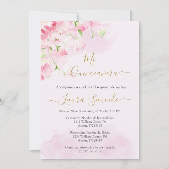 Quinceañera tema färg rosa inbjudningar (Framsida)