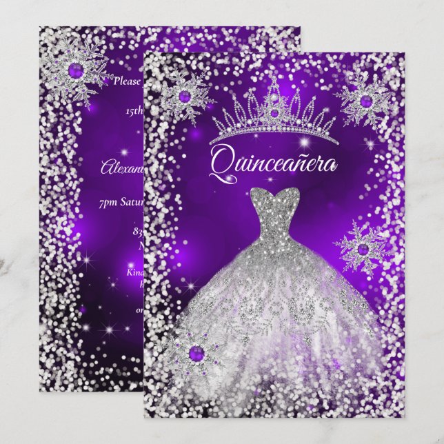Quinceanera Tiara Dress lila vintersnöflummel Inbjudningar (Fram/baksida)