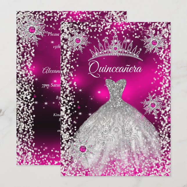 Quinceanera Tiara Dress Rosa vintersnöflummel Inbjudningar (Fram/baksida)