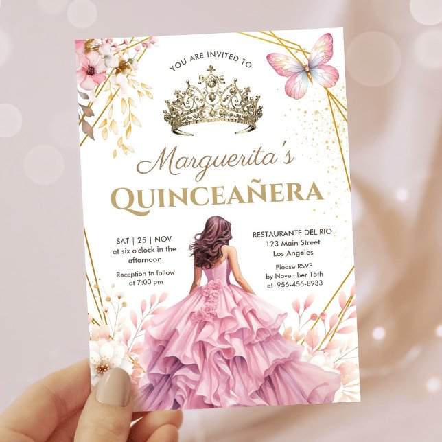 Quinceañera Tiara Girl Pink Floral Butterfly Inbjudningar (Skapare uppladdad)