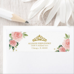 Quinceanera-tiara guld rosé rosa blommig etikett returadress etikett