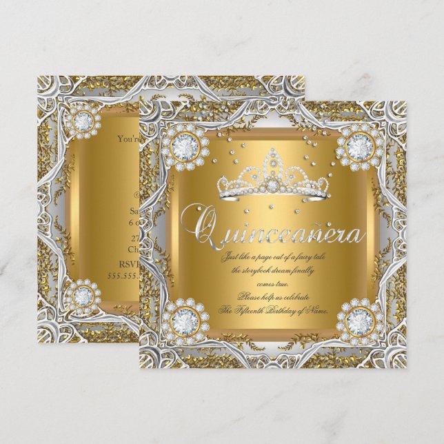 Quinceanera Tiara Guld Silver Diamant Födelsedag Inbjudningar (Fram/baksida)