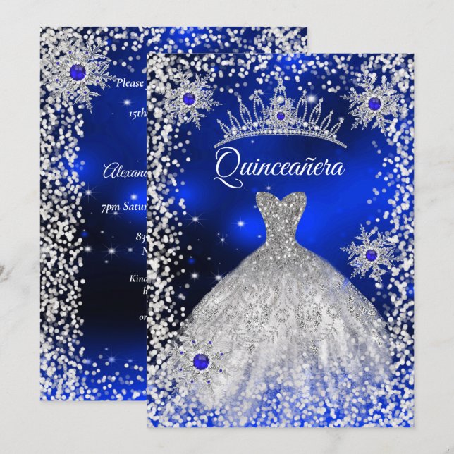 Quinceanera-tiara klänning blå vinter Snöflinga Inbjudningar (Fram/baksida)