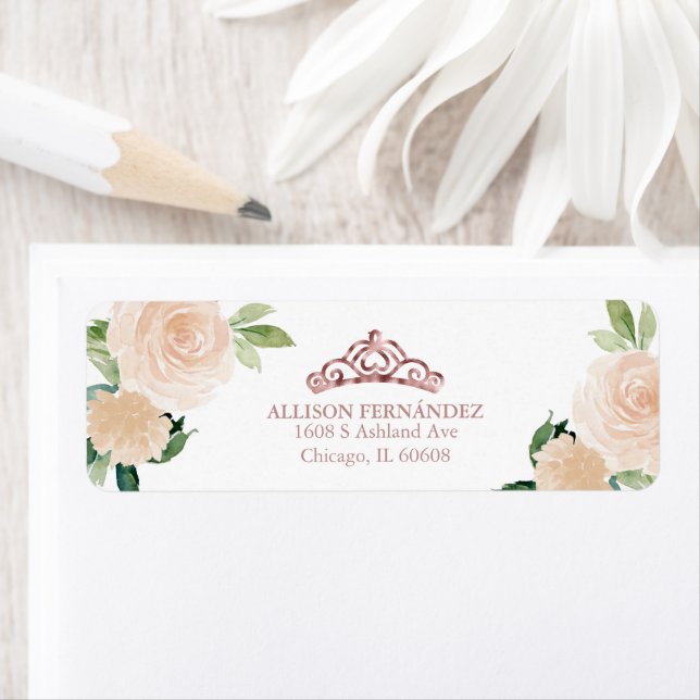 Quinceanera Tiara Ro Guld  Rosa Blommigt Returadress Etikett (Insitu)