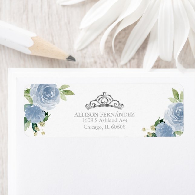 Quinceanera Tiara Silver Blue Blommigt Label Returadress Etikett (Insitu)