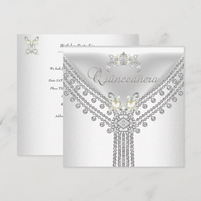 Quinceañera Tiara White Diamond Pearl Inbjudningar (Fram/baksida)