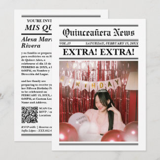 Quinceanera Tidning Elegant Modern Foto QR-kod Inbjudningar