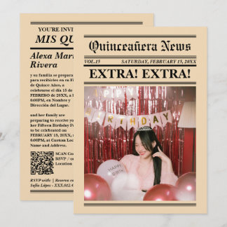Quinceanera Tidning Elegant Modern Foto QR-kod Inbjudningar