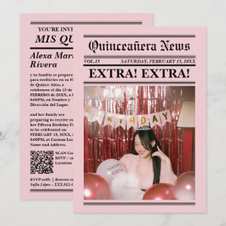 Quinceanera Tidning Elegant Modern Foto QR-kod Inbjudningar