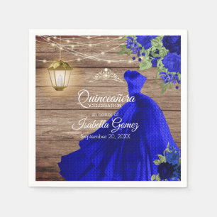 Quinceañera trä och mörk - blåa blommor pappersservett
