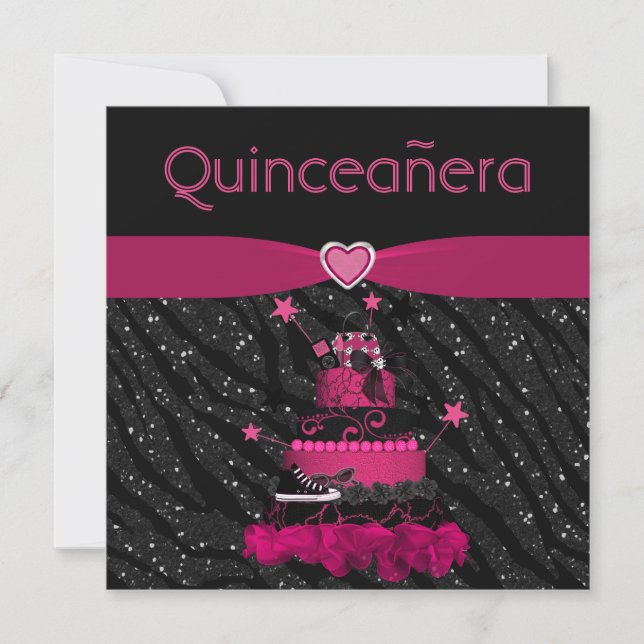 Quinceanera Trendig Rosa Cake & Zebra ränder Inbjudningar (Framsida)