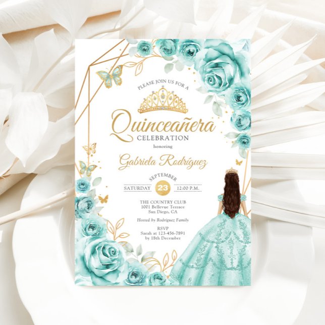 Quinceanera Turcos Blommigt Dress Guld Inbjudningar (Skapare uppladdad)