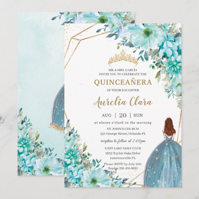 Quinceañera Turcos Blue Blommigt Auburn Princess Inbjudningar (Fram/baksida)