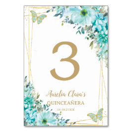 Quinceañera Turcos Blue Blommigt Guld Butterflies Bordsnummer
