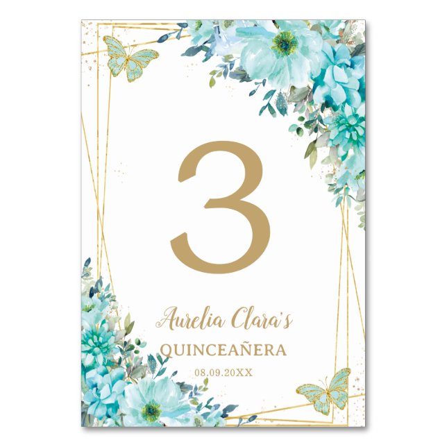 Quinceañera Turcos Blue Blommigt Guld Butterflies Bordsnummer (Framsidan)