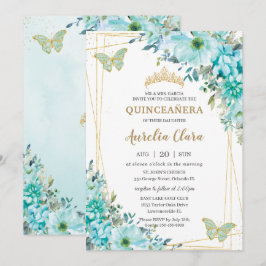Quinceañera Turcos Blue Blommigt Guld Butterflies Inbjudningar