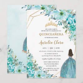 Quinceañera Turcos Blue Blommigt Guld Princess Inbjudningar